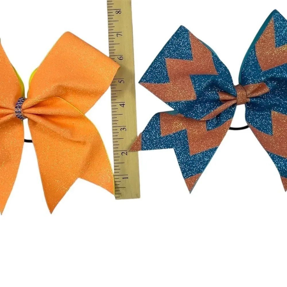 Cheer Hair Bows Set of 2 Elastic Band Orange and Blue Girl's Size Large